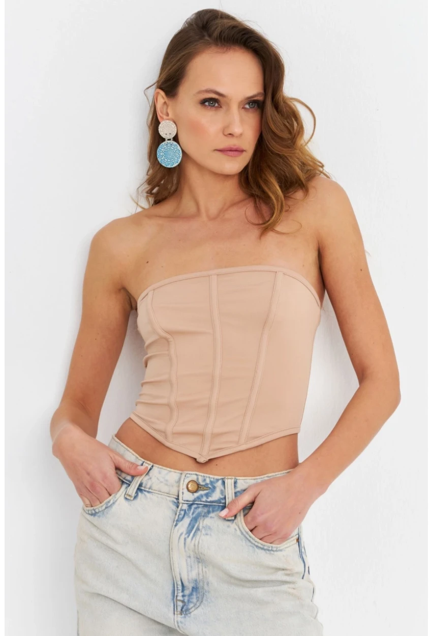 Kadın Pudra Straplez Crop Bluz B6081