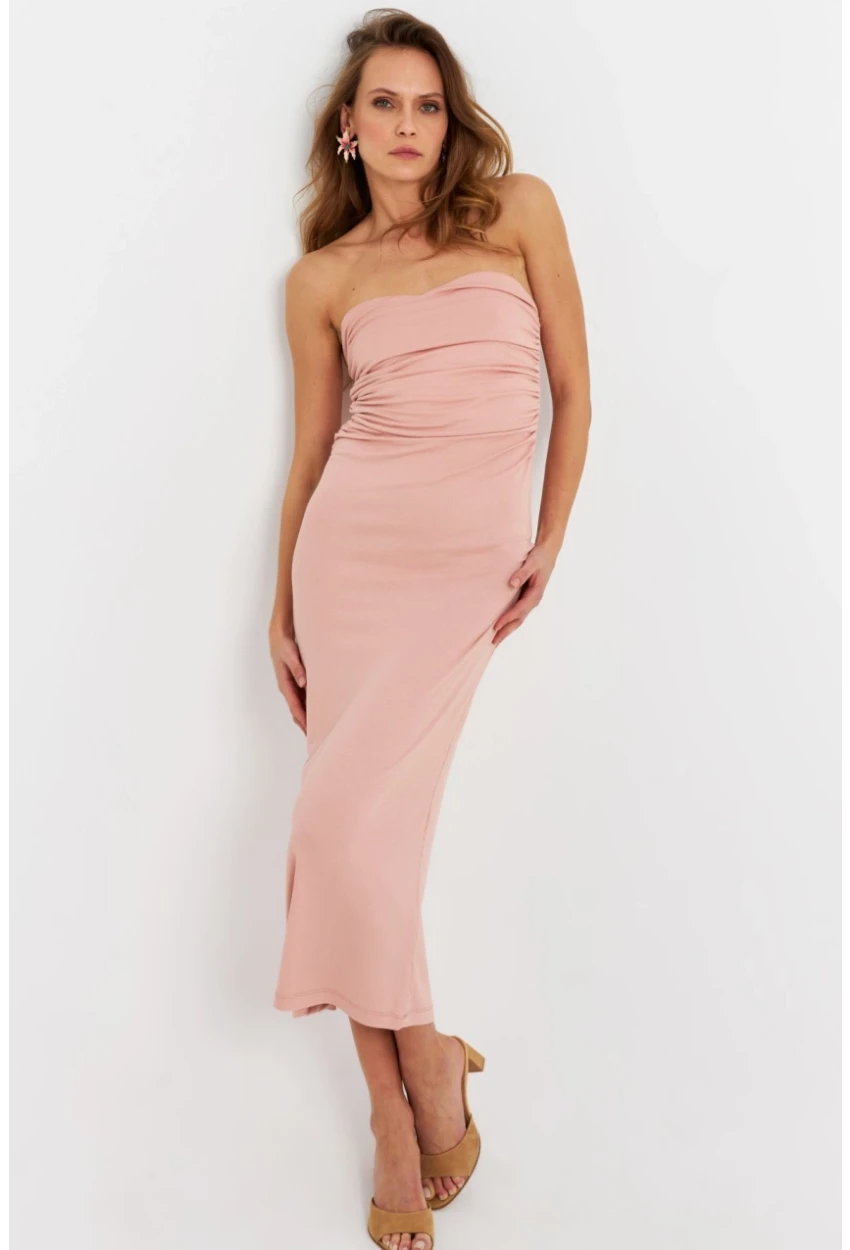 Kadın Pudra Straplez Midi Elbise EY3080