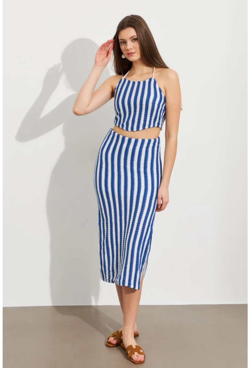 Kadın Saks Etekli Triko Takım ROP108