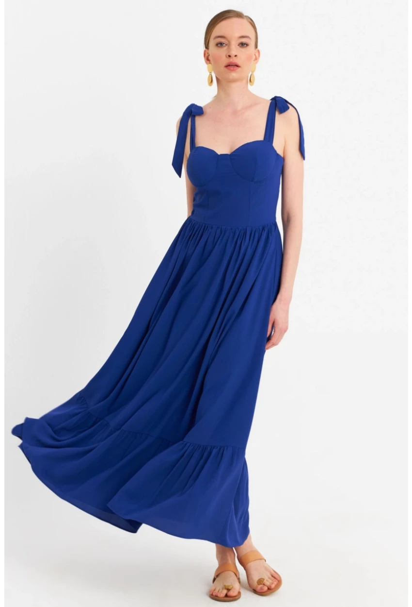 Kadın Saks Pileli Maxi Elbise ERL100