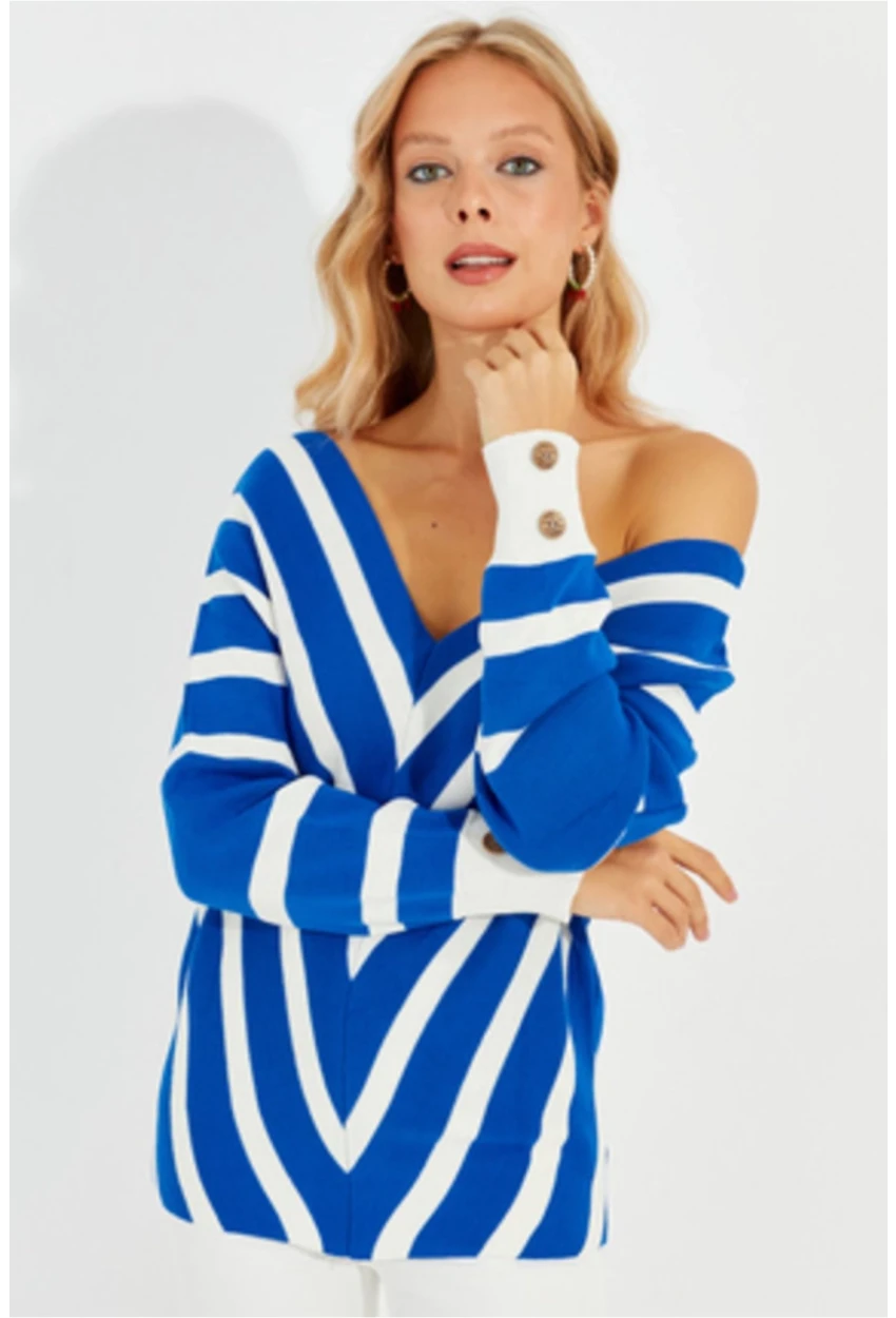 Kadın Saks Yarasa Kol Triko Kazak Q955