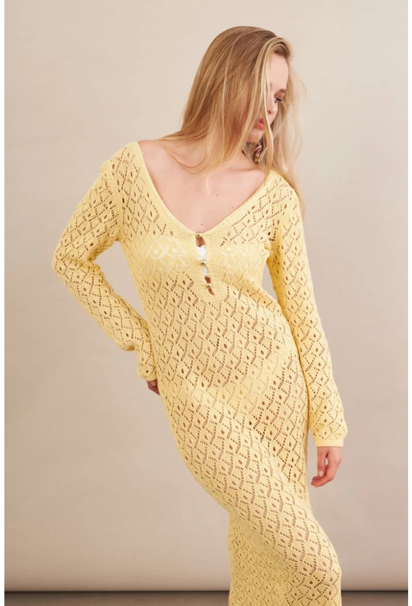 Kadın Sarı Aksesuarlı Triko Plaj Elbisesi KZ3237-90