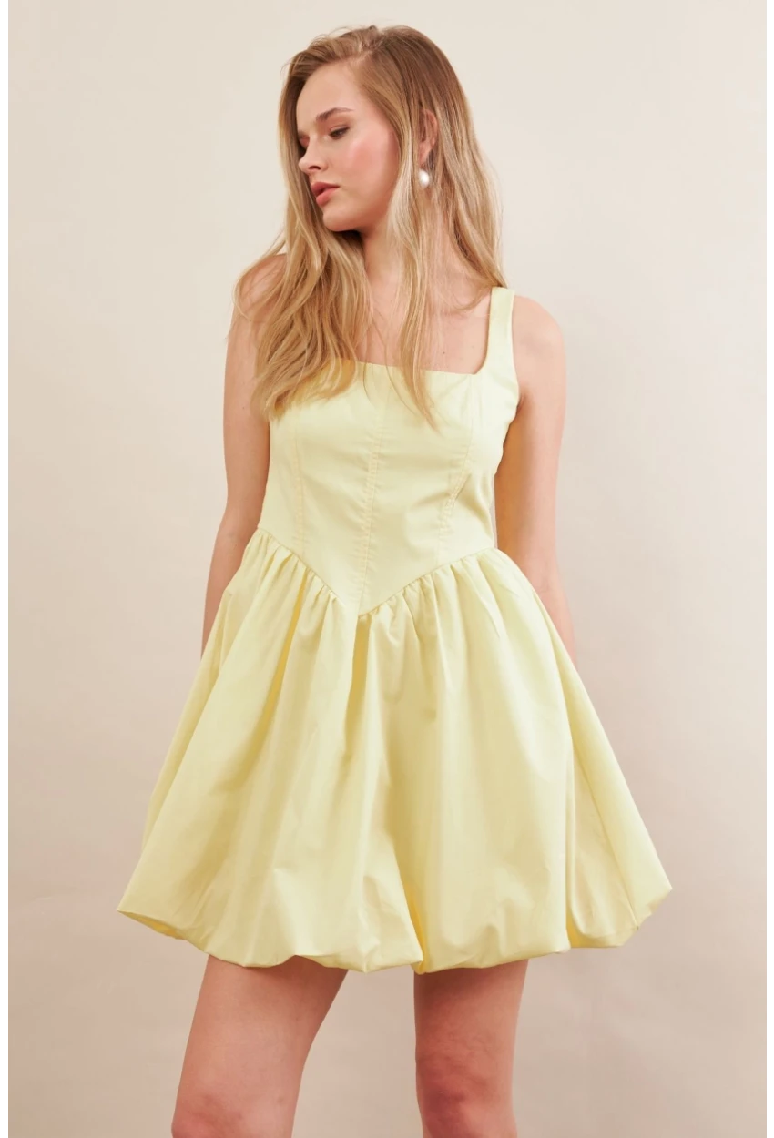 Kadın Sarı Askılı Mini Balon Elbise ERL105