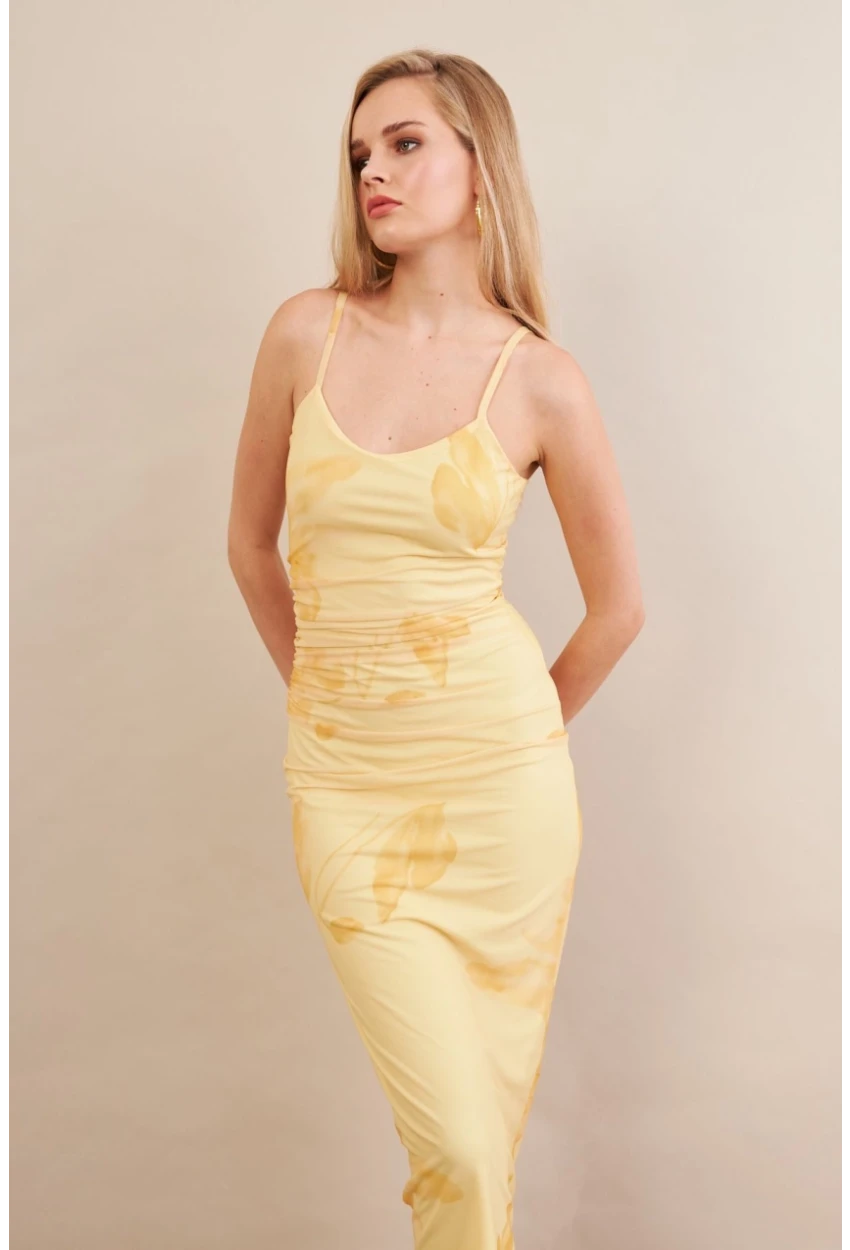 Kadın Sarı Astarlı Midi Tül Elbise MRS130