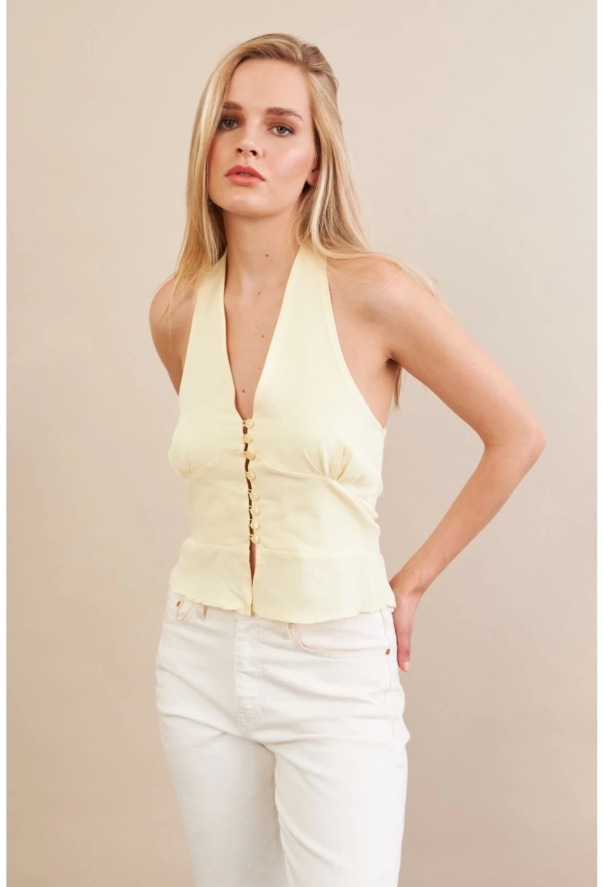 Kadın Sarı Boyun Bağlamalı Keten Yelek FS129