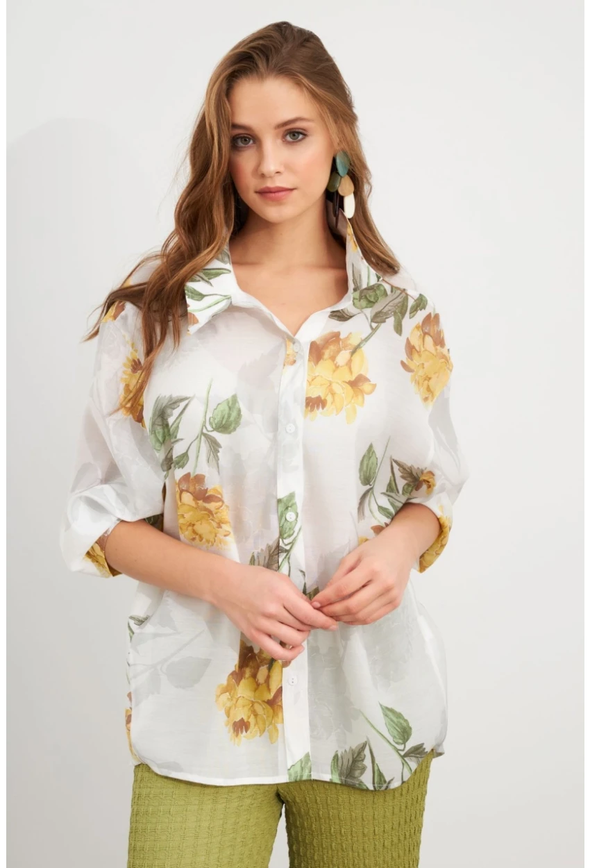 Kadın Sarı Çiçek Desenli İnce Keten Gömlek MCAR1068