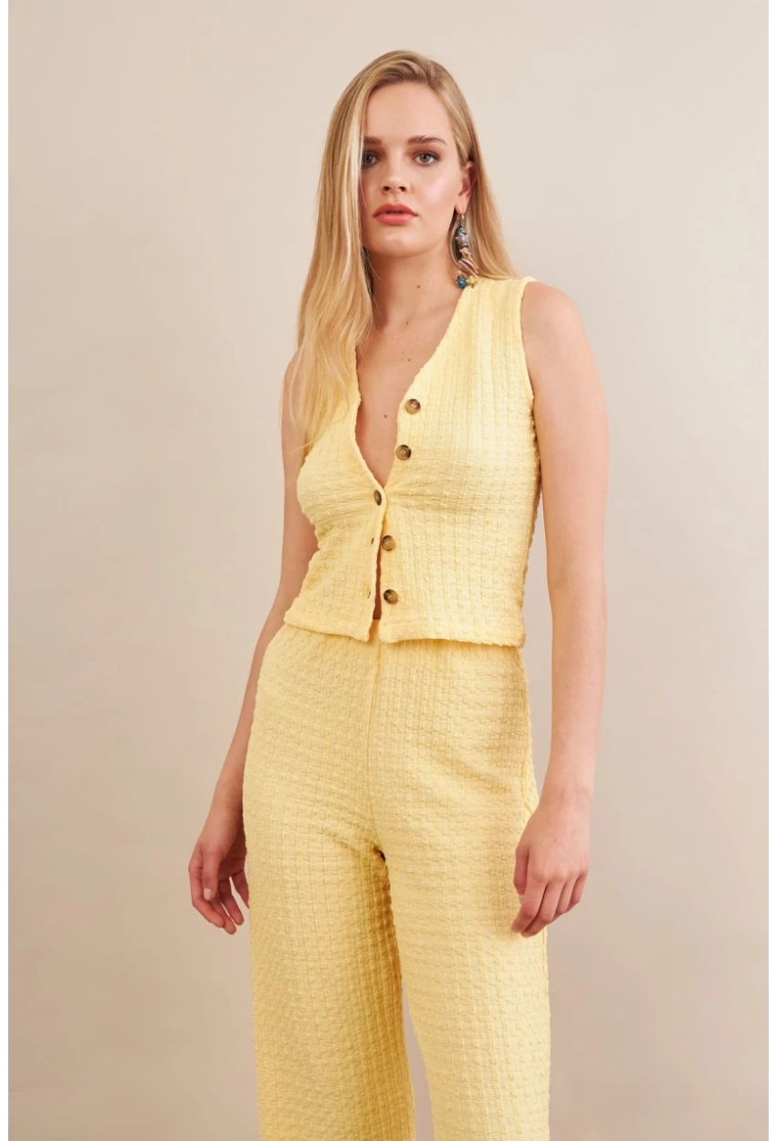 Kadın Sarı Gofre Yelek Pantalon Takım FLU330
