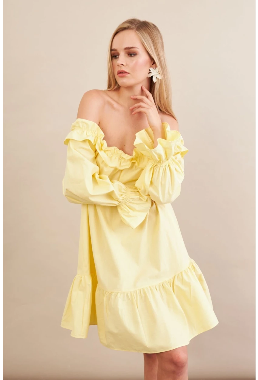 Kadın Sarı Madonna Yaka Midi Elbise PSG1012