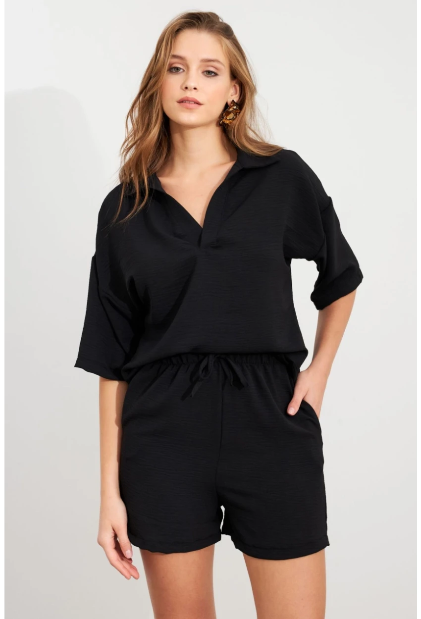 Kadın Siyah Aerobin Şort Takım Q1005
