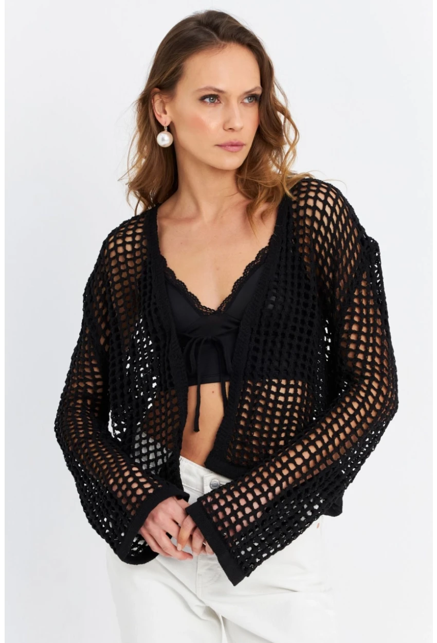 Kadın Siyah Ajurlu İspanyol Kol Hırka DS200