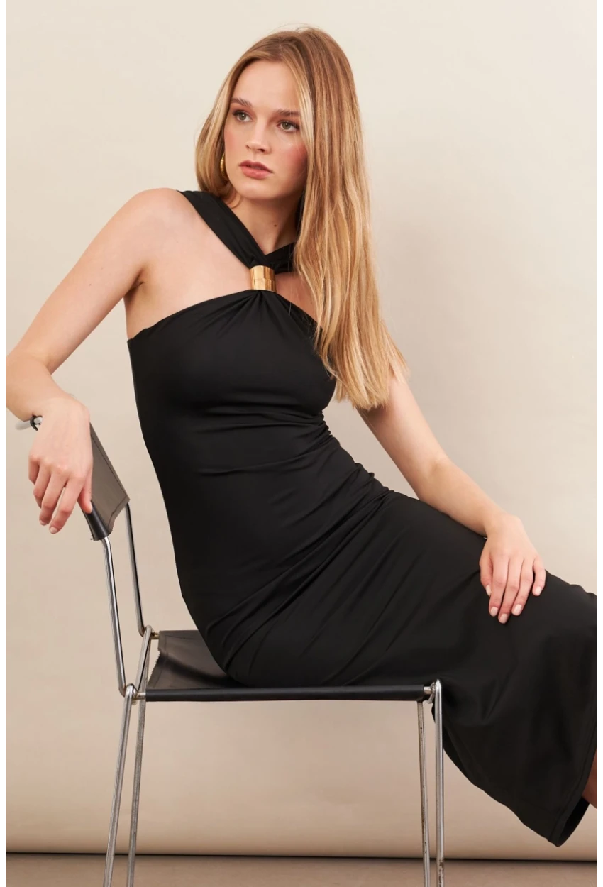 Kadın Siyah Aksesuarlı Midi Elbise İRE101