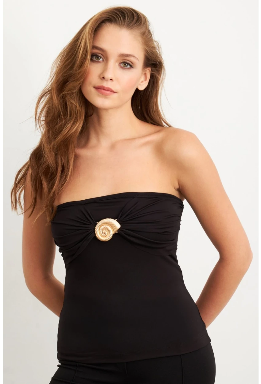 Kadın Siyah Aksesuarlı Straplez Bluz EY3086