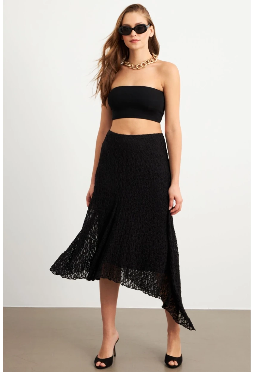 Kadın Siyah Asimetrik Dantel Midi Etek ZH357