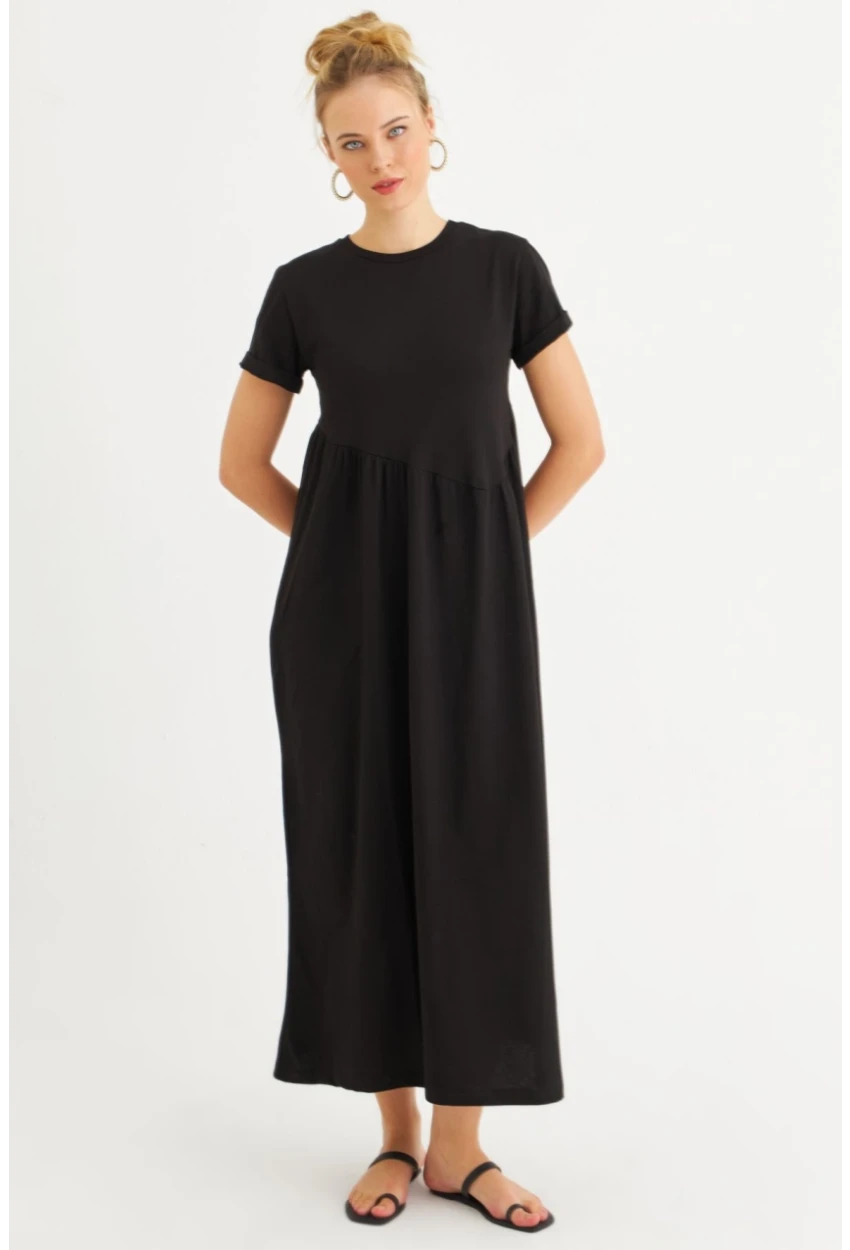 Kadın Siyah Asimetrik Dikişli Maxi Elbise MDMR440