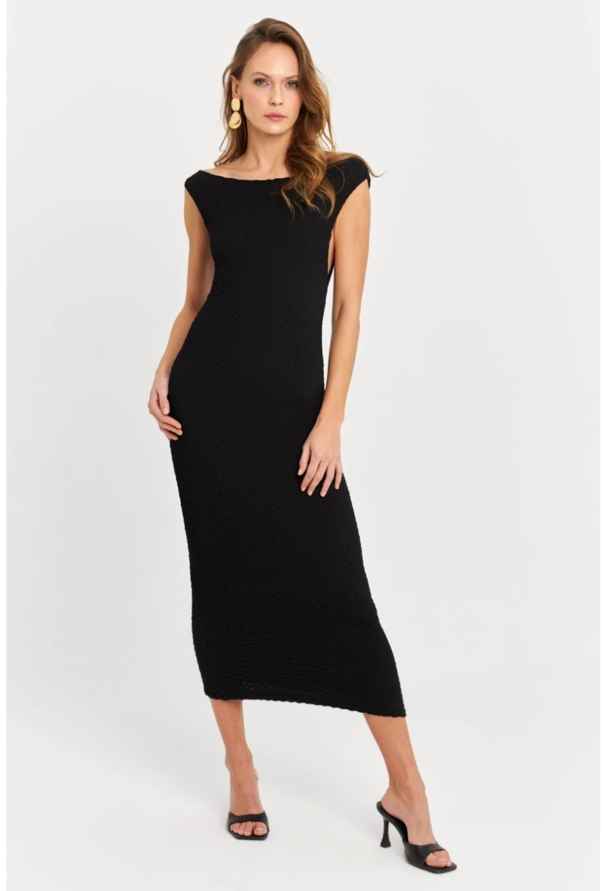 Kadın Siyah Asimetrik Yaka Gofre Midi Elbise MOD2358