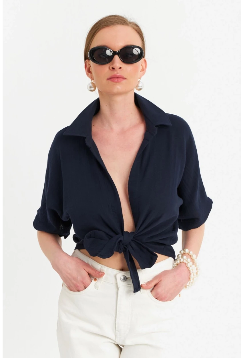 Kadın Siyah Bağlamalı Keten Bluz BTH16