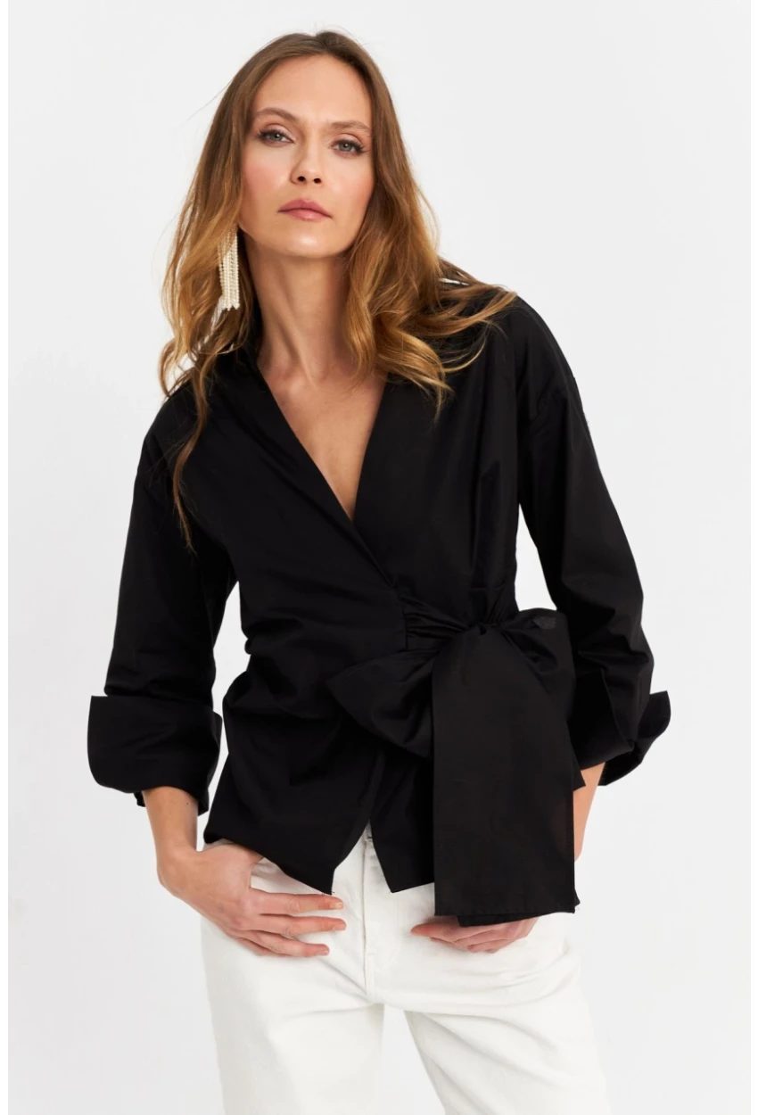 Kadın Siyah Bağlamalı Kruvaze Gömlek MFS9792