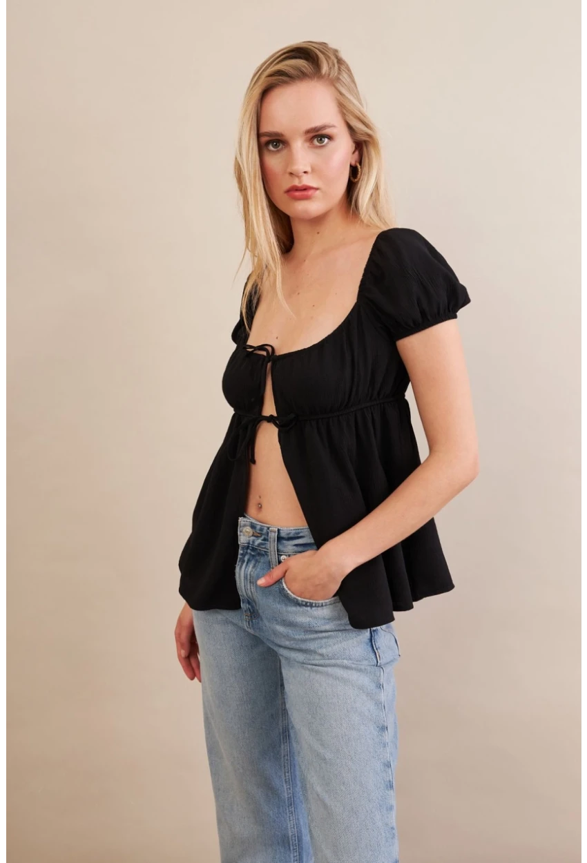 Kadın Siyah Bağlamalı Rustik Bluz ZH128