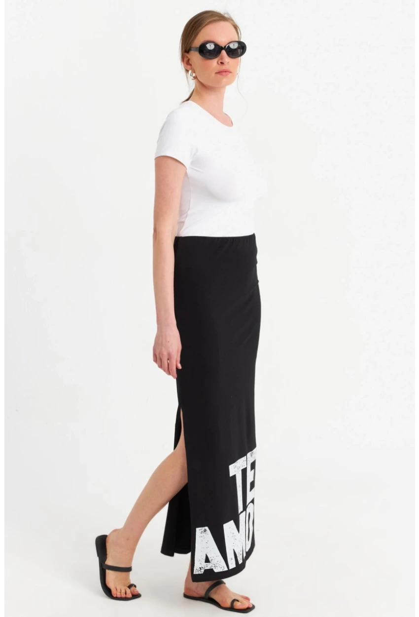 Kadın Siyah Baskılı Yırtmaçlı Midi Etek TPG09