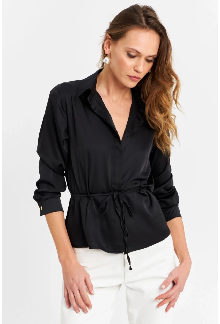 Kadın Siyah Beli Bağlamalı Saten Gömlek MMRS4212