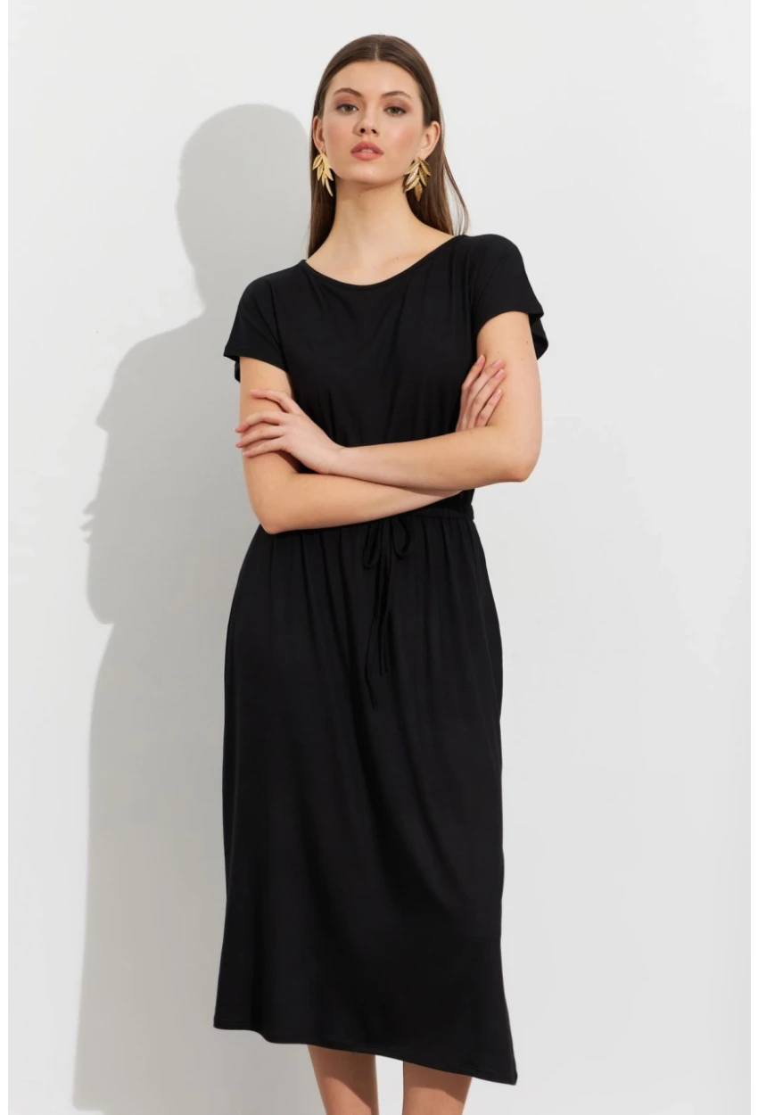 Kadın Siyah Beli Büzülebilir Midi Elbise MURO1193