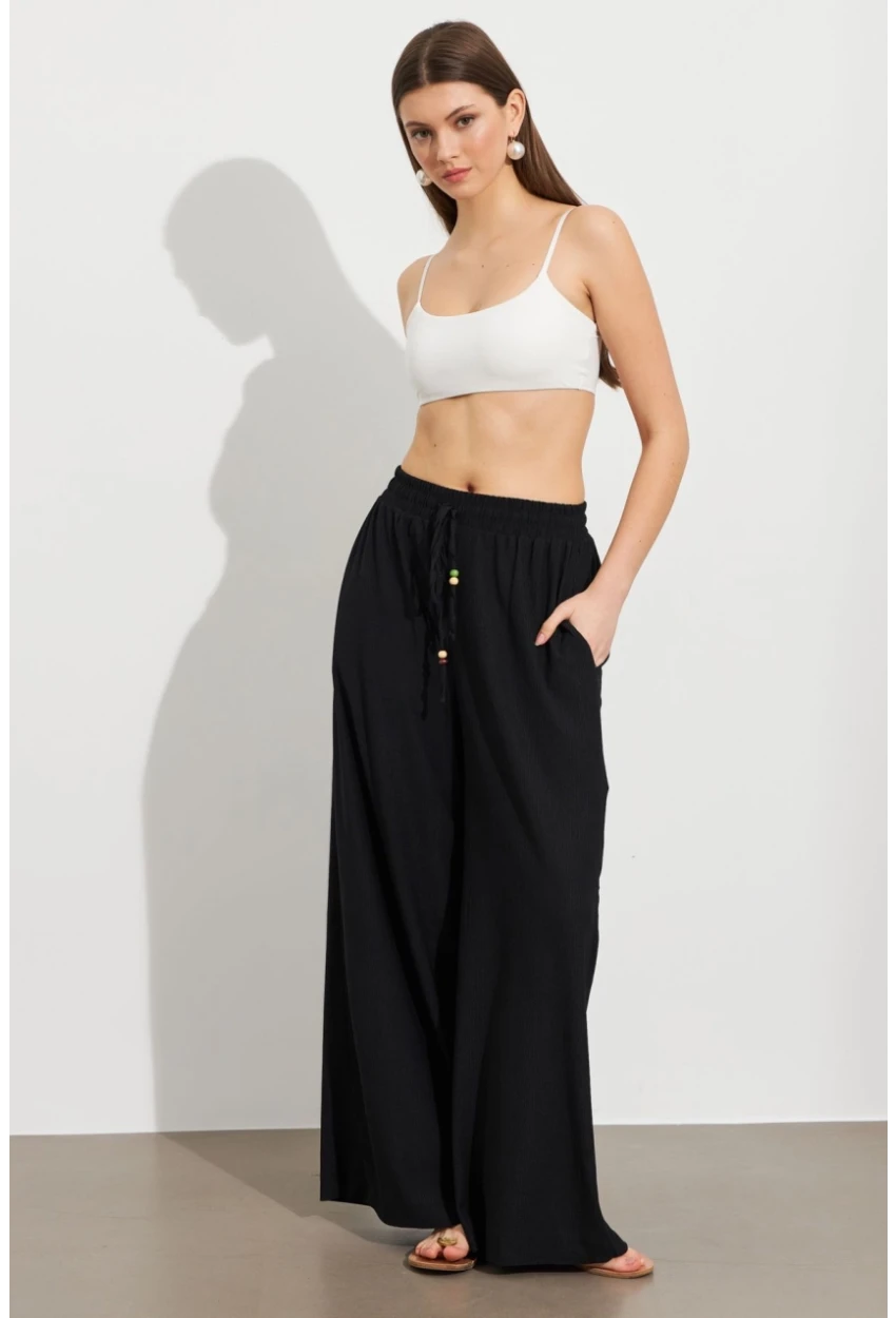 Kadın Siyah Beli Lastikli Bürümcük Pantolon ROP105
