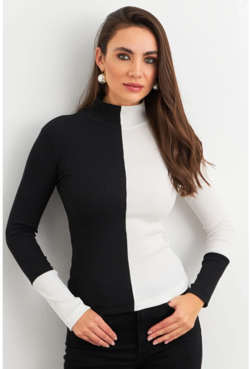 Kadın Siyah-Beyaz Renk Bloklu Kaşkorse Bluz MEY3033