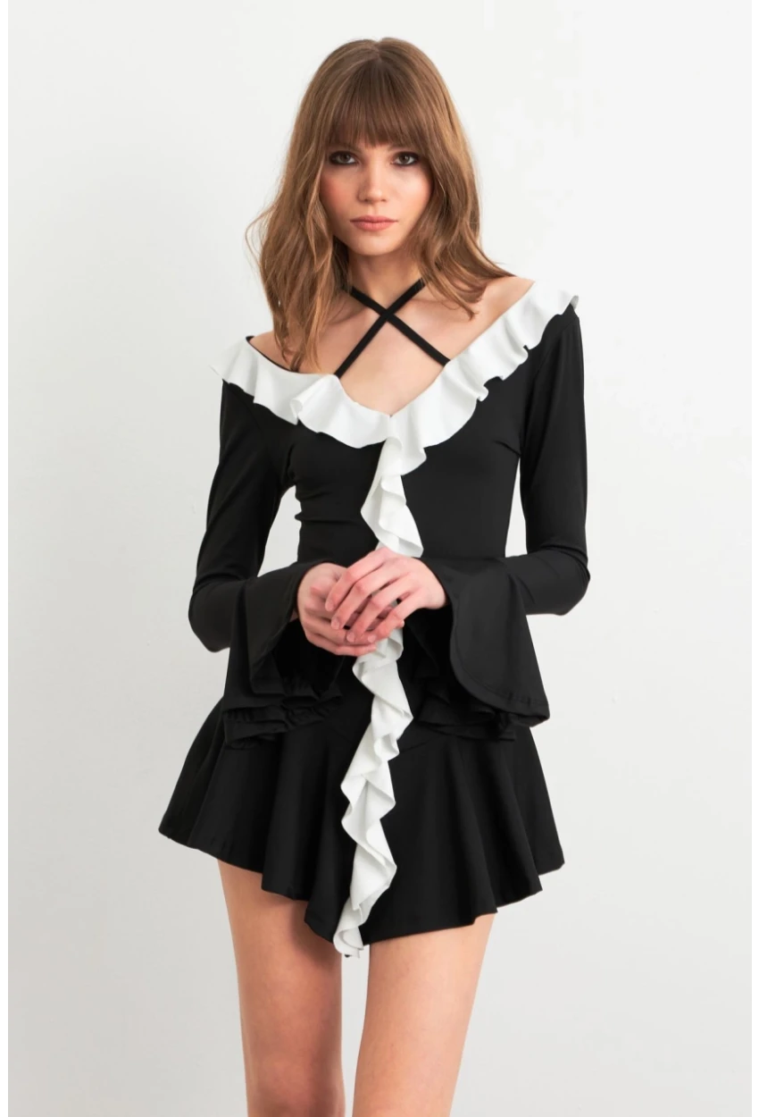 Kadın Siyah-Beyaz Volanlı İspanyol Kol Mini Elbise DCF108