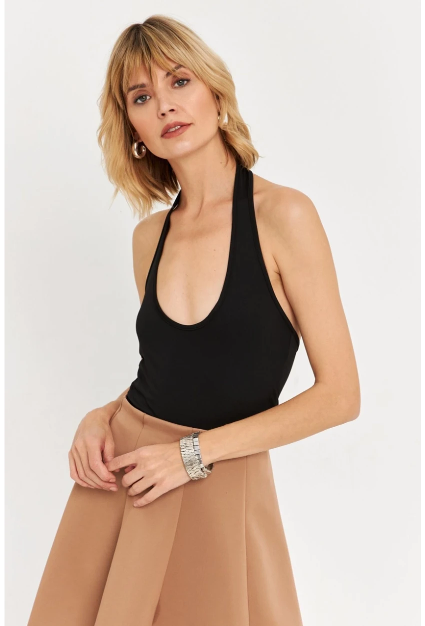 Kadın Siyah Boyun Askılı Crop Bluz TF69