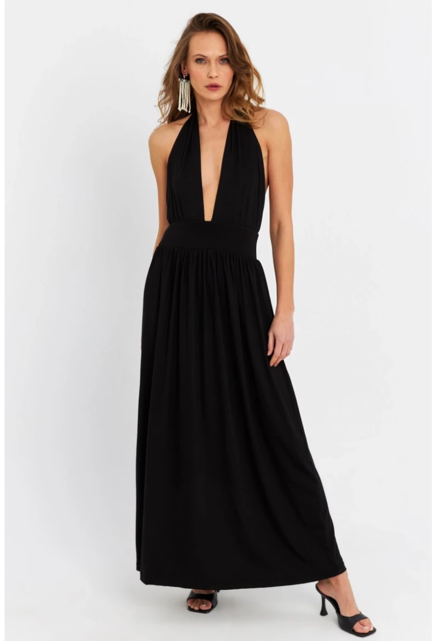 Kadın Siyah Boyun Bağlamalı Maxi Elbise EY3075