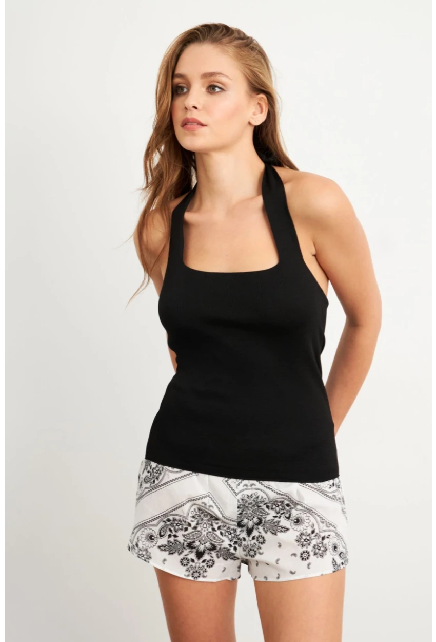 Kadın Siyah Boyundan Bağlamalı Triko Bluz YV356