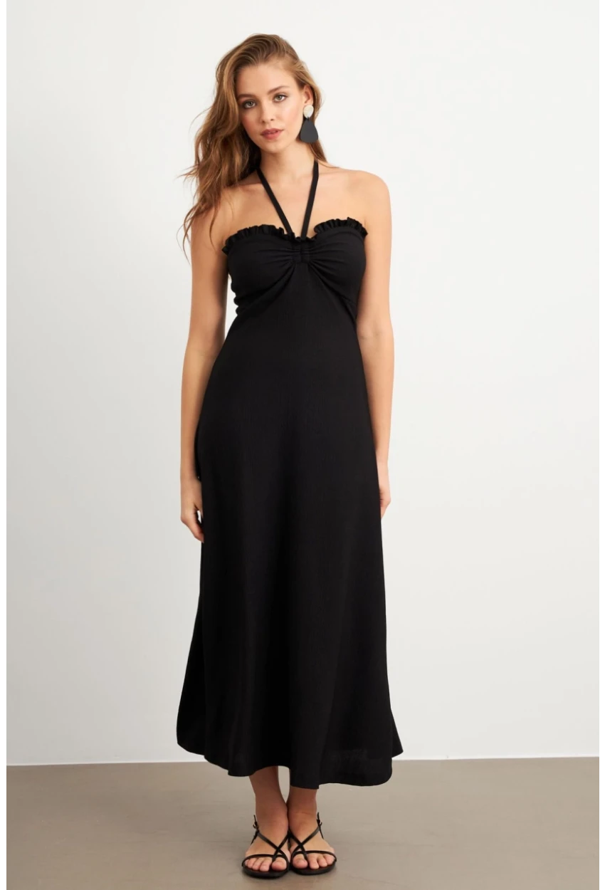 Kadın Siyah Büzgülü Bürümcük Midi Elbise EY3096