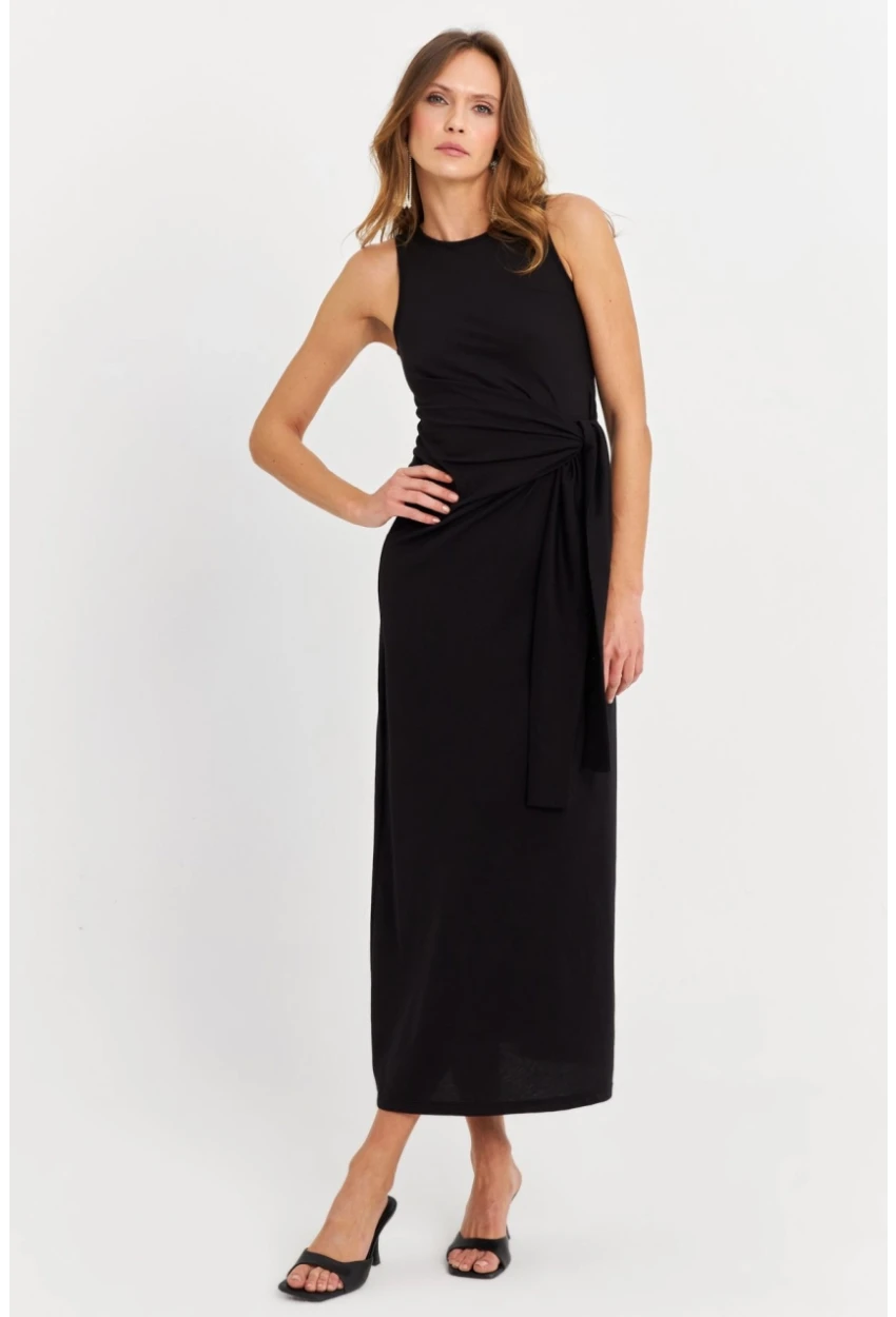 Kadın Siyah Büzgülü Kolsuz Midi Elbise TF75