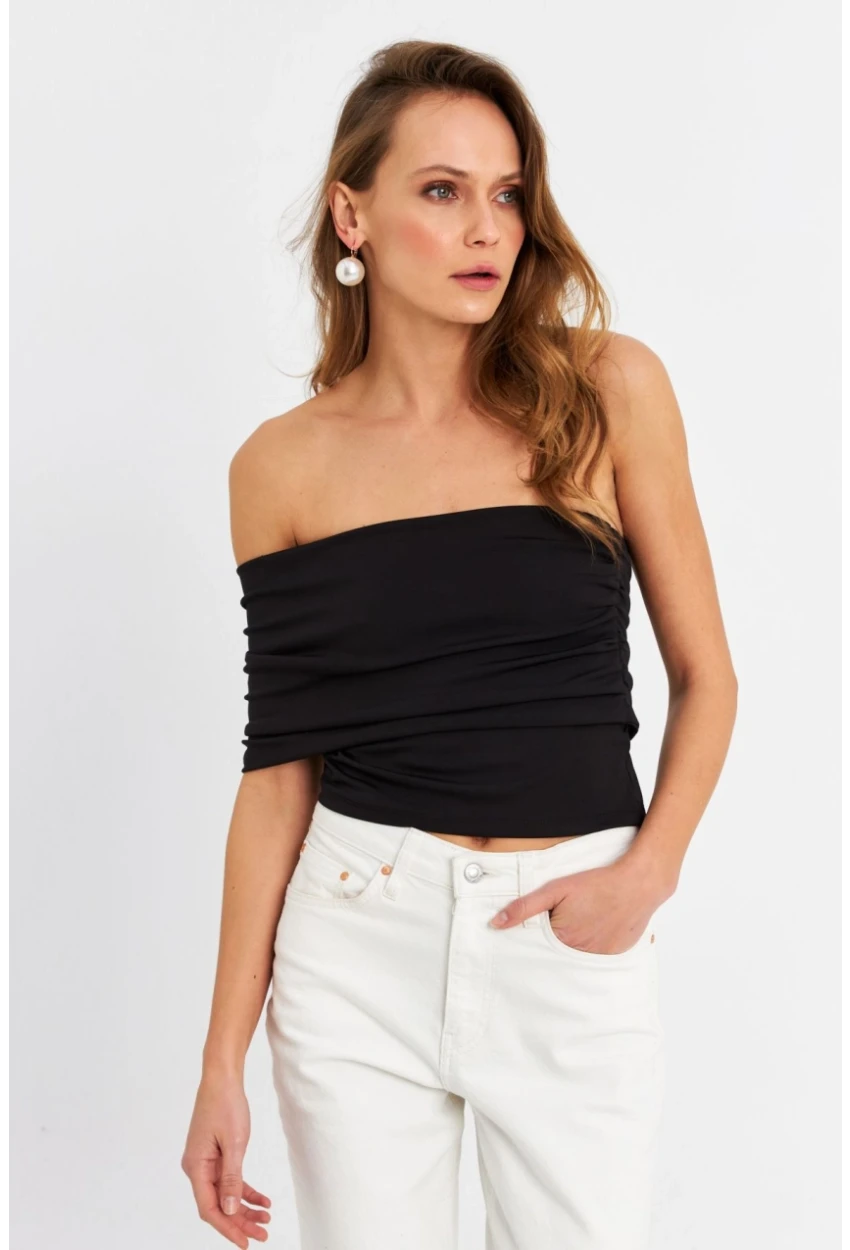 Kadın Siyah Çapraz Crop Bluz B4074-90