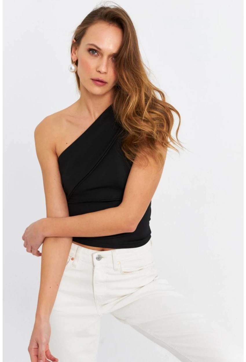 Kadın Siyah Çapraz Yaka Crop Bluz B6082