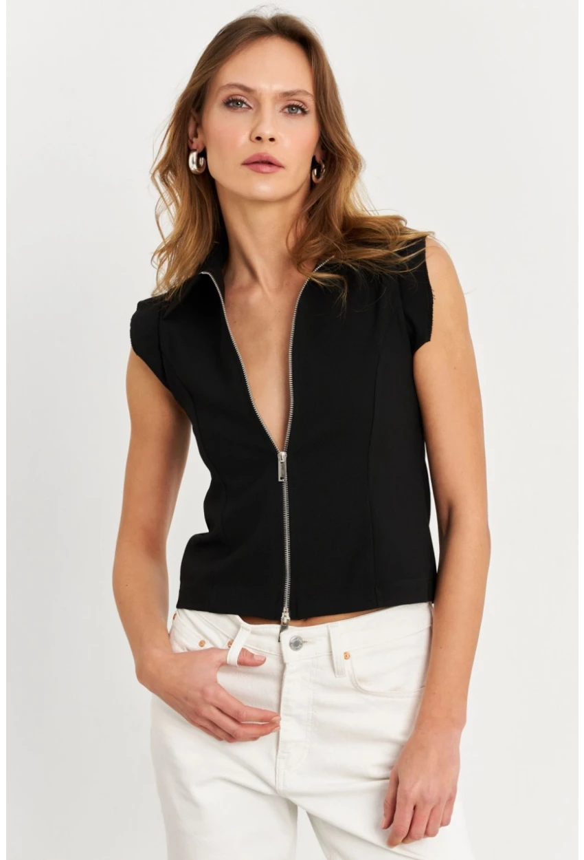 Kadın Siyah Çift Fermuarlı Bluz MOD2352