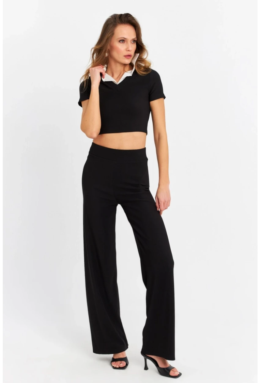 Kadın Siyah Crop Pantolon Takım RU6933