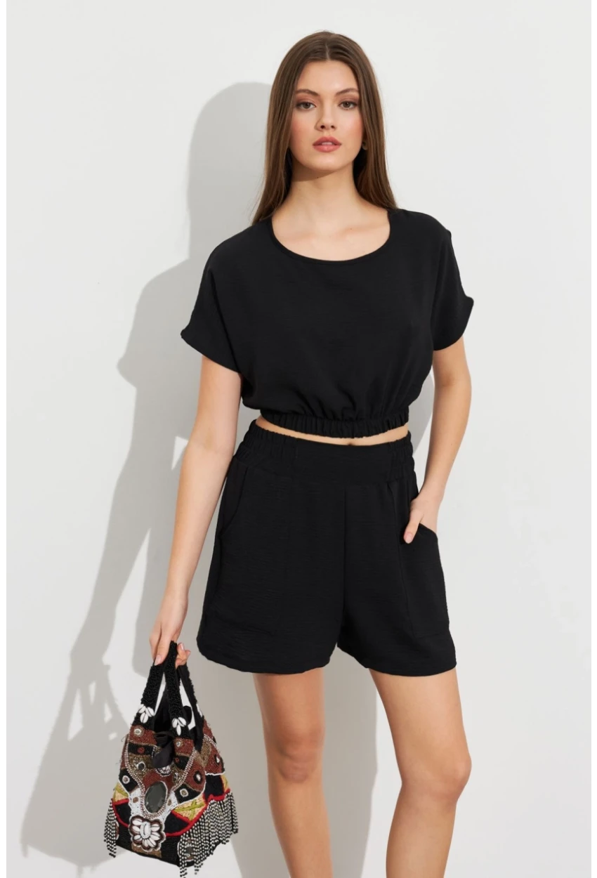 Kadın Siyah Crop Şort Takım Q1014