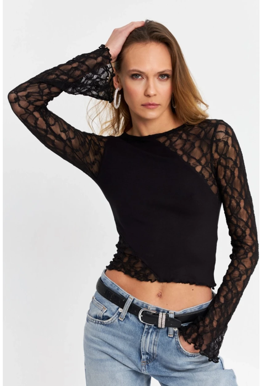 Kadın Siyah Dantel Bloklu Bluz FS9832