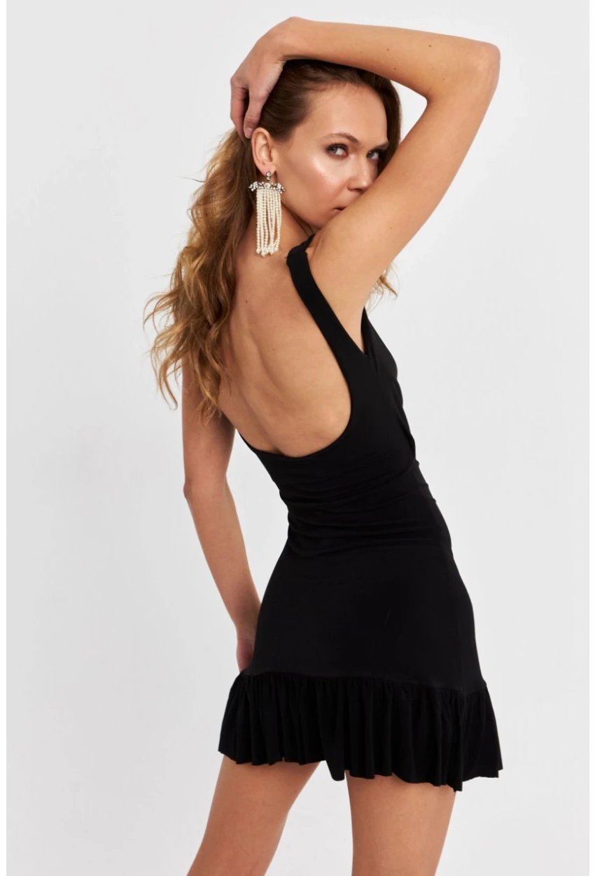 Kadın Siyah Degaje Yaka Mini Elbise HOR0078