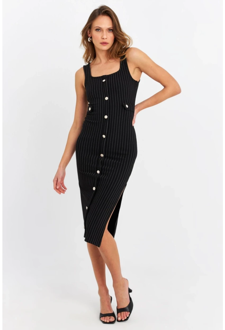 Kadın Siyah Düğme Aksesuarlı Çizgili Midi Elbise SDY1253