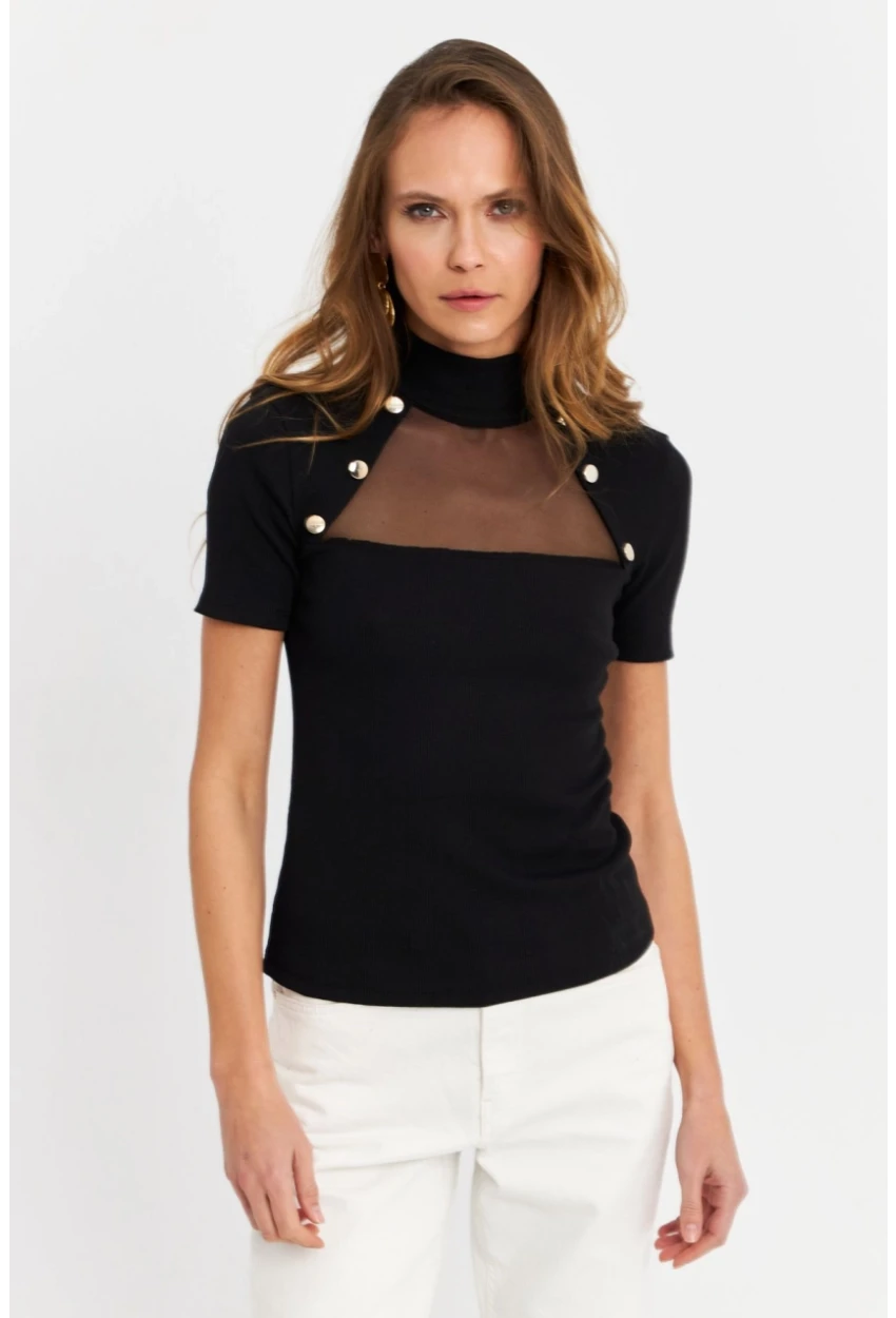 Kadın Siyah Düğme Aksesuarlı Kaşkorse Bluz TF56
