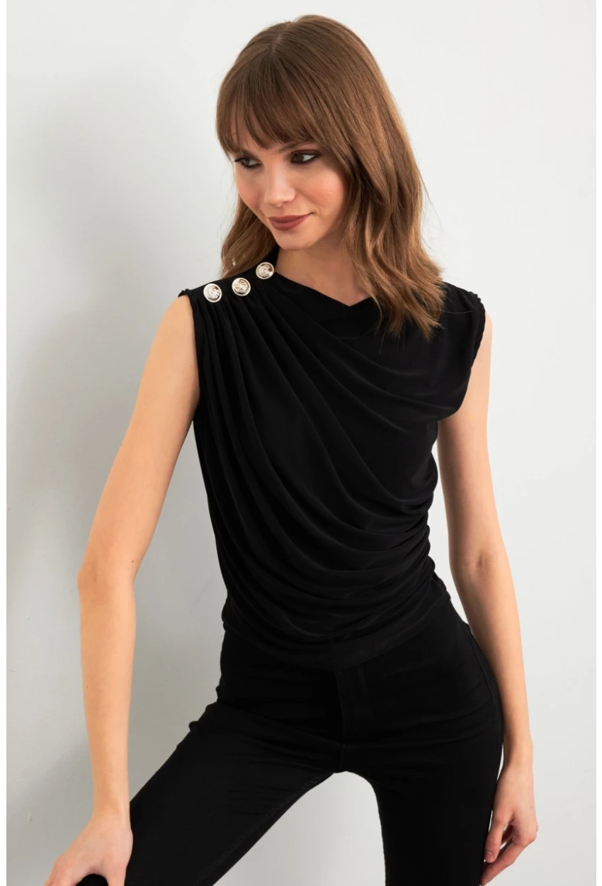 Kadın Siyah Düğme Detaylı Büzgülü Bluz LPP1205-1