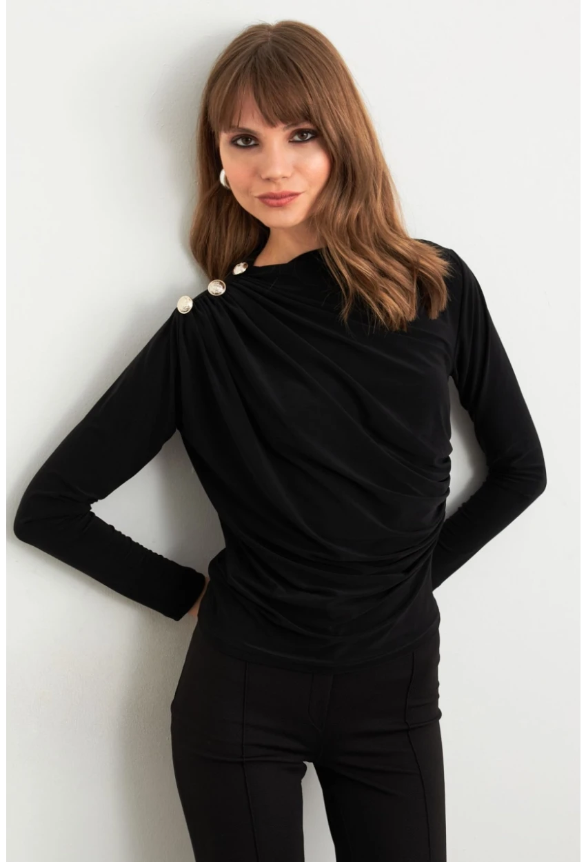 Kadın Siyah Düğme Detaylı Büzgülü Bluz LPP1223-1