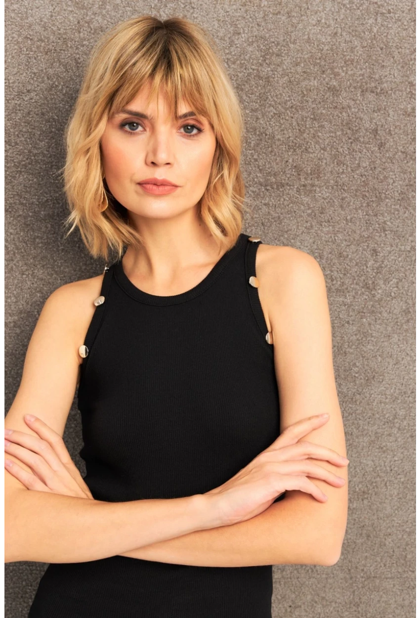 Kadın Siyah Düğme Detaylı Kolsuz Kaşkorse Bluz TF55