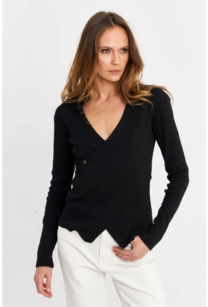 Kadın Siyah Düğme Detaylı Kruvaze Kaşkorse Bluz TF53