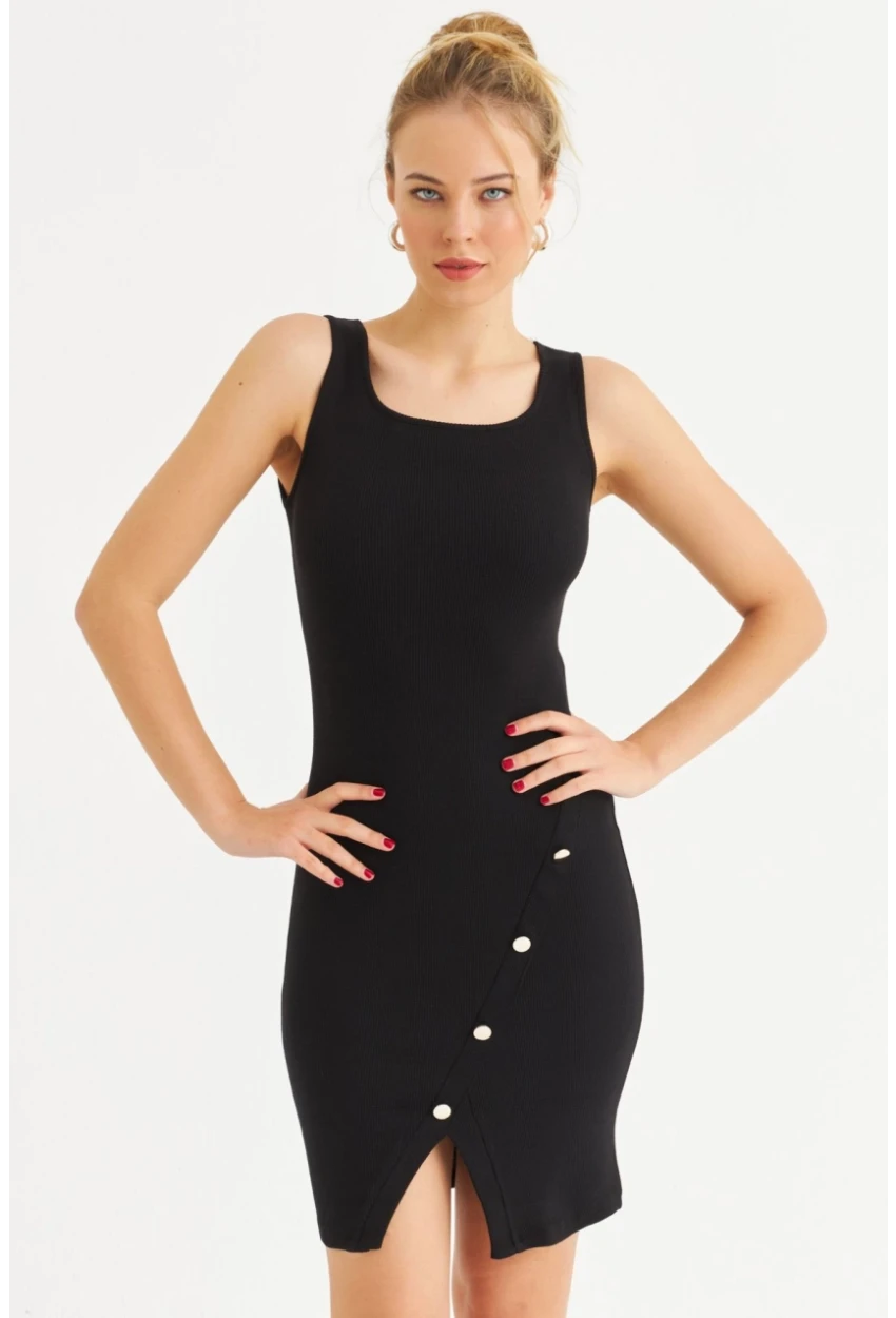Kadın Siyah Düğme Detaylı Midi Elbise URO1111