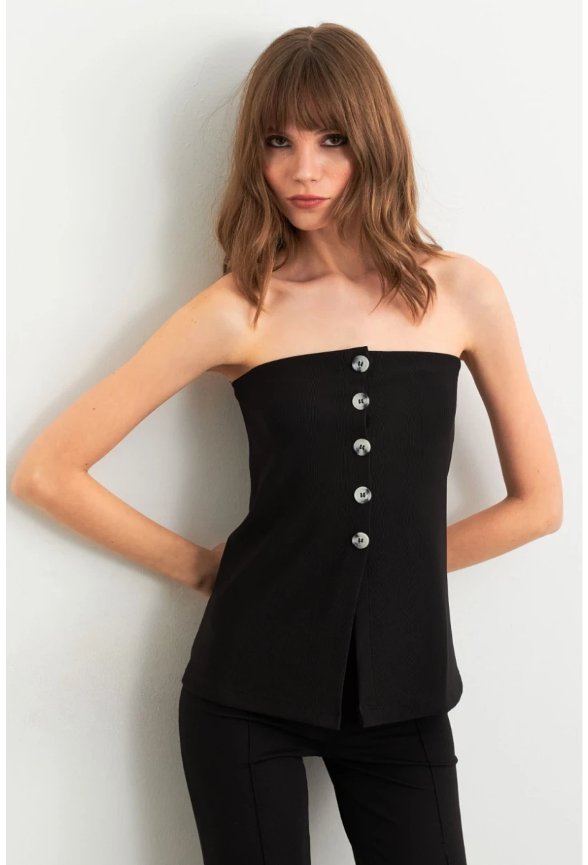 Kadın Siyah Düğme Detaylı Straplez Bluz CY355