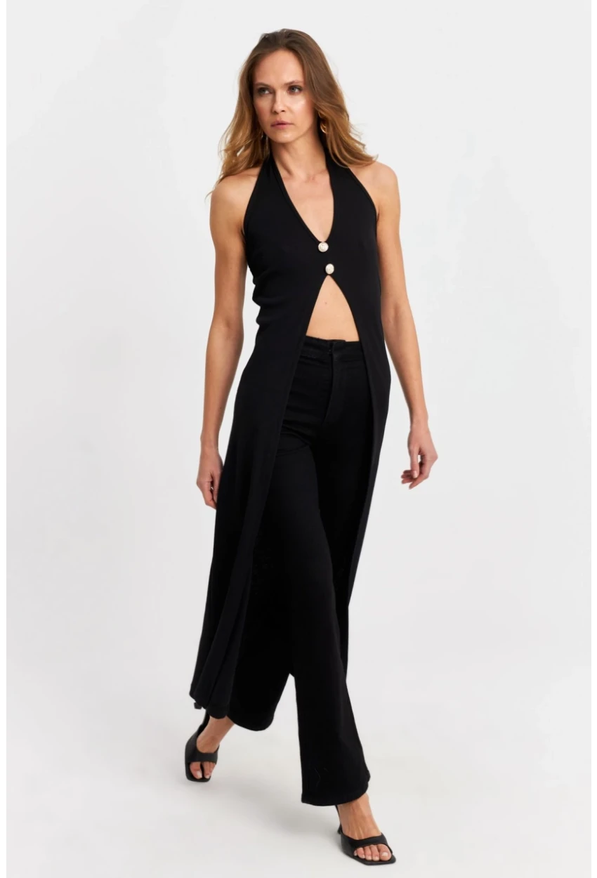 Kadın Siyah Düğme Detaylı Uzun Yelek EY3048