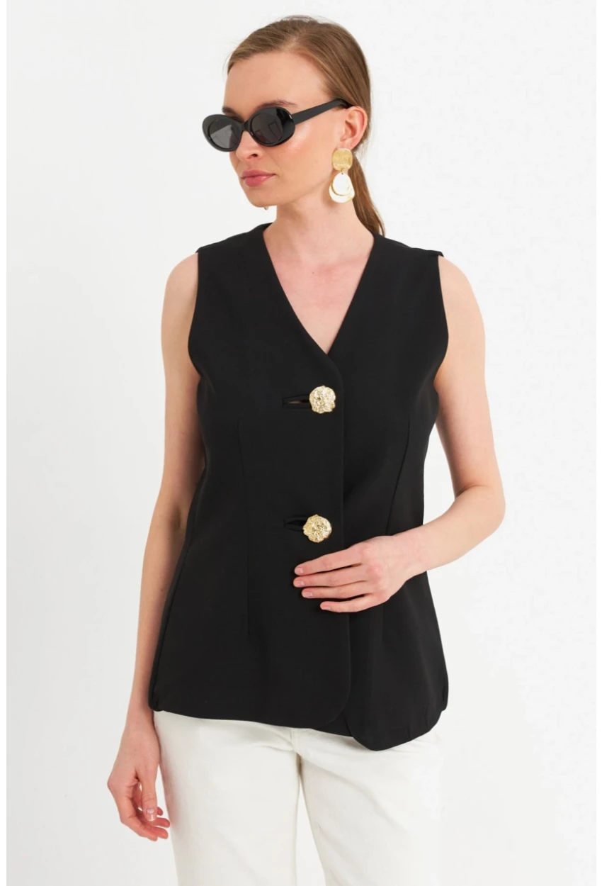 Kadın Siyah Düğme Detaylı Yelek CAR1152